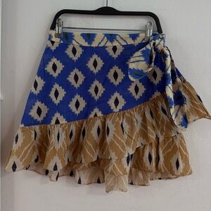 Zara Blue and Tan Asymmetrical Wrap Mini Skirt